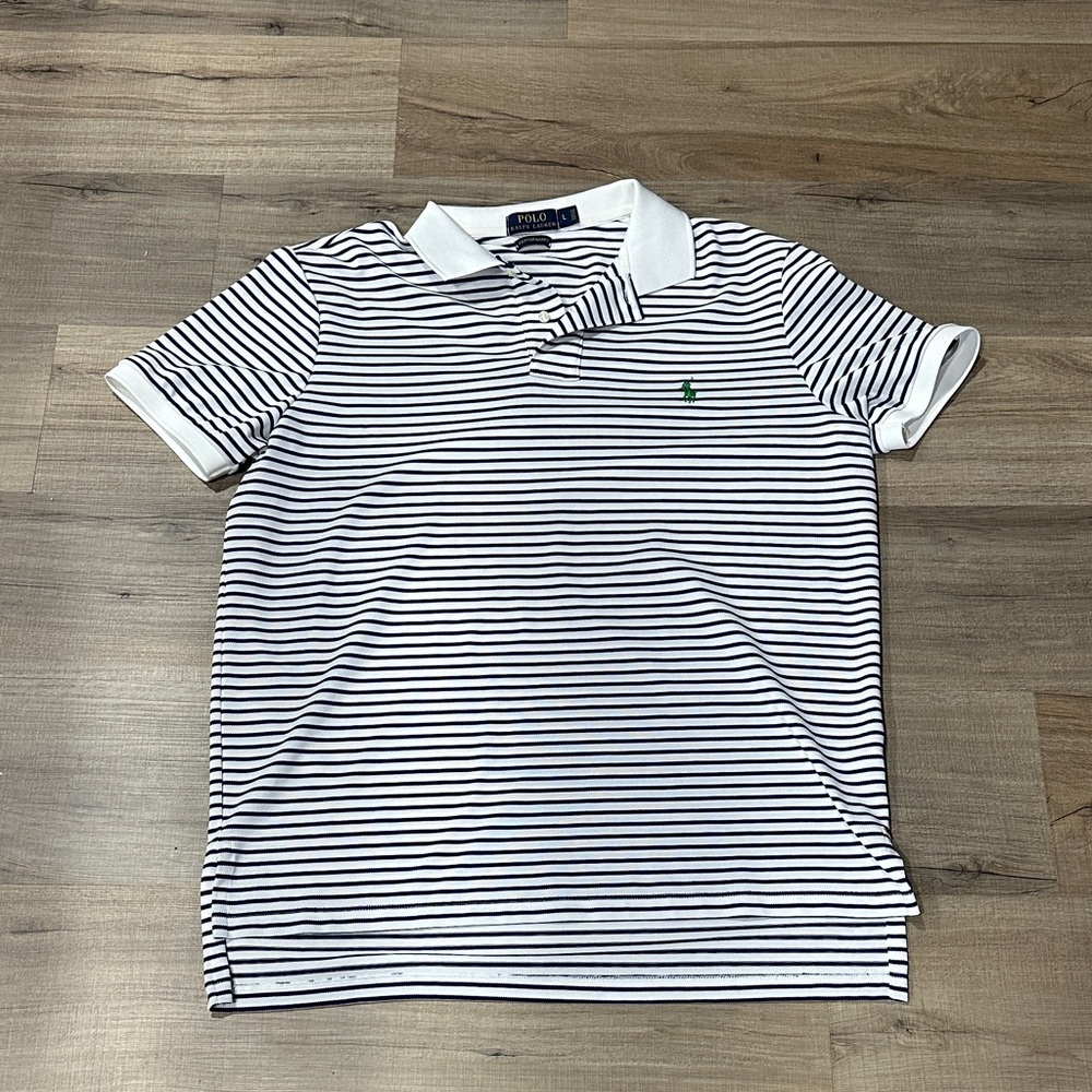 Polo by Ralph Lauren White & Navy Striped Polo with Green Pony
